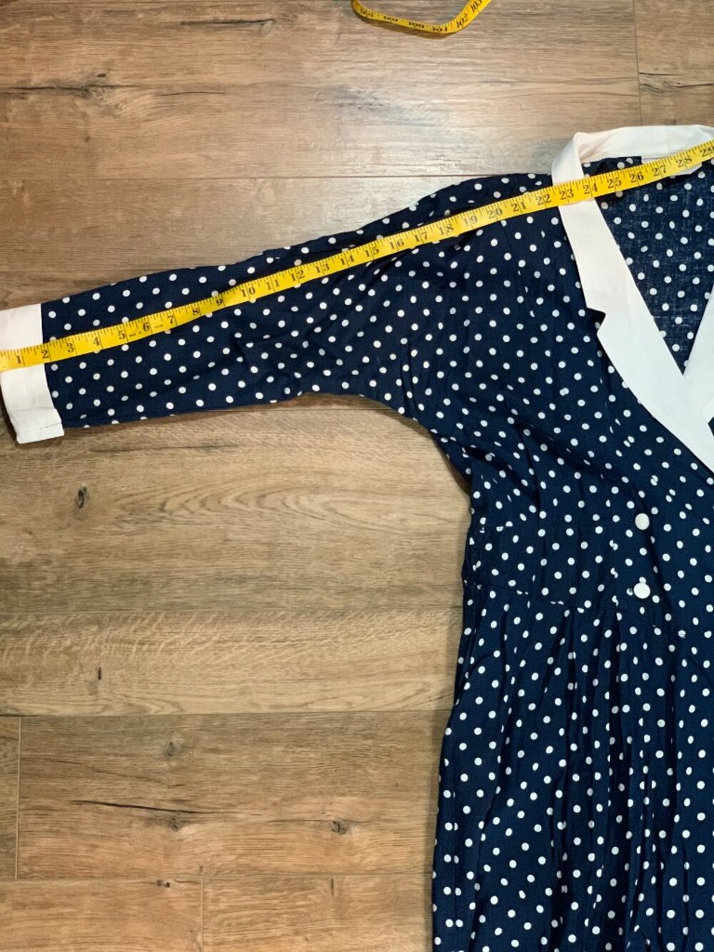 Vintage 90s Polka Dot Dress Navy White Double Breasted Modest Rockabilly Sheath - Picture 12 of 13